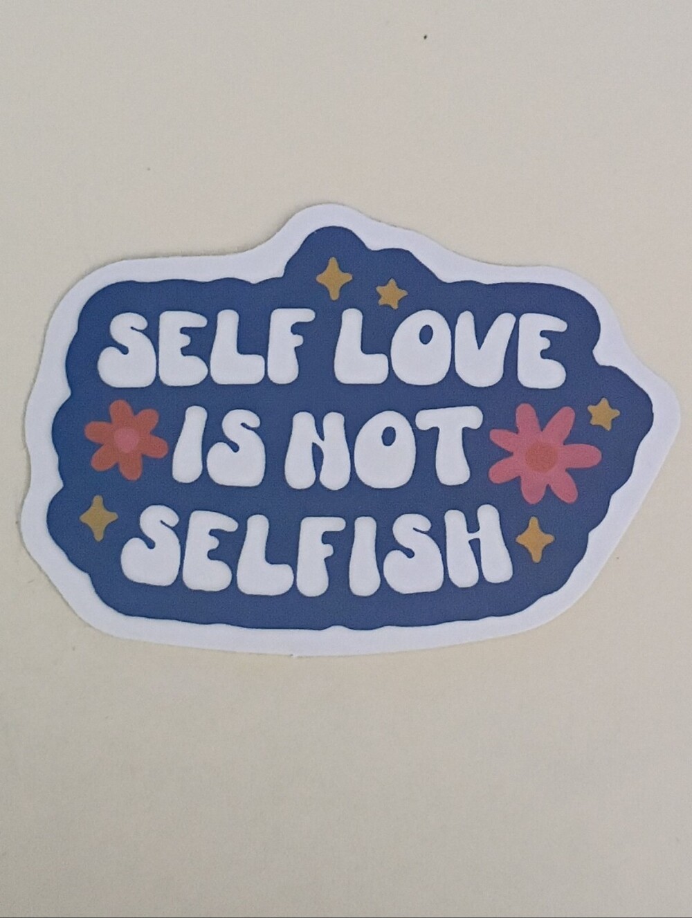10/$10 Sticker - Self Love Is Not Selfish, White Text, Flowers & Blue Background